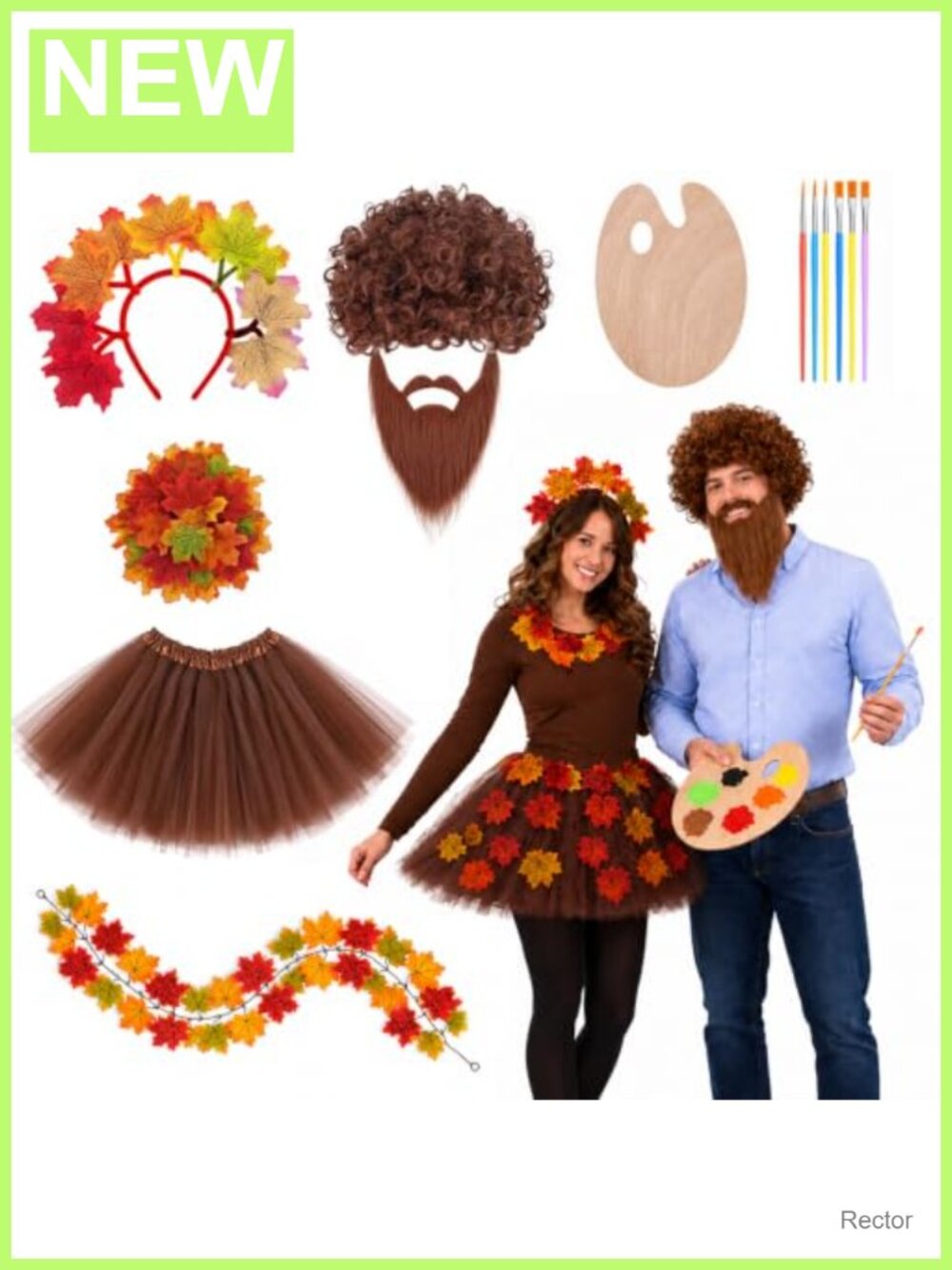 Adult 80s Painter Couple Costume Set Tutu Headband Garland Wig Beard Brushes